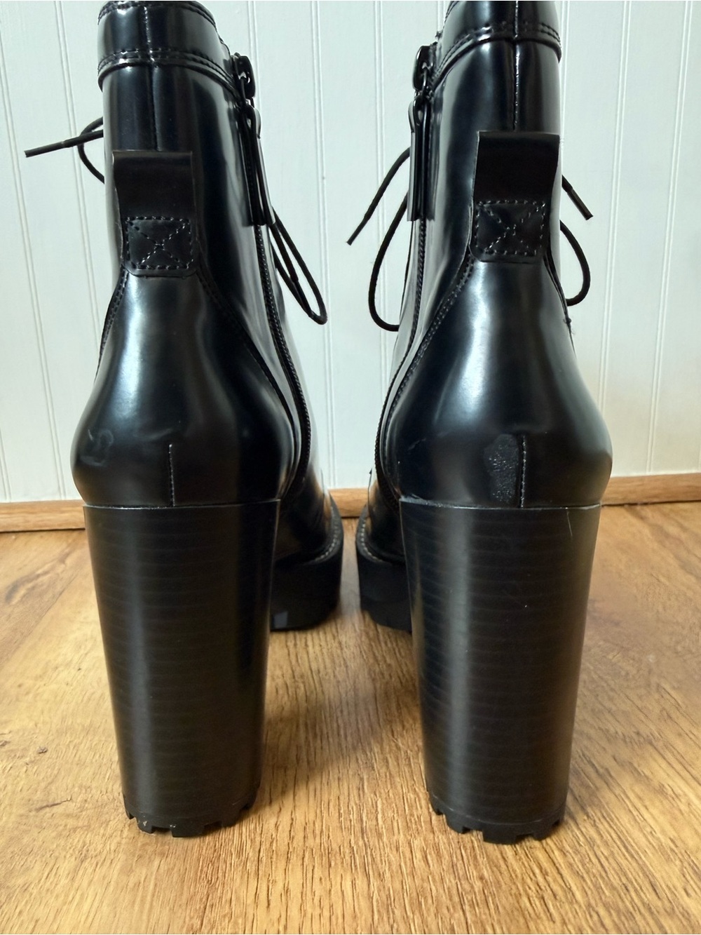Bershka Black Leather High Block Heel Combat Boots size 8.5 - Picture 5 of 9